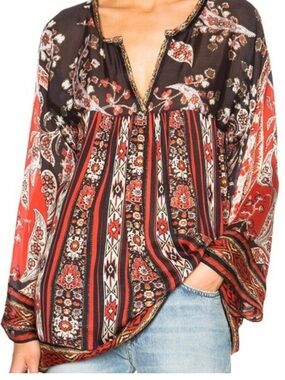 Isabel Marant Etoile Top Tucson Black/Red Paisley Print Crepe Blouse Size 1 (XS)